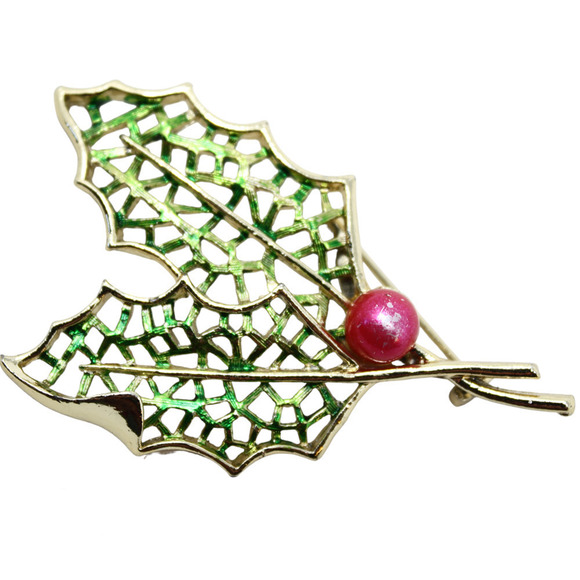 Vintage Double Holiday Holly Leaf Pin Brooch w Berry Bead 2.75" Long - Hey Viv - Picture 5 of 7